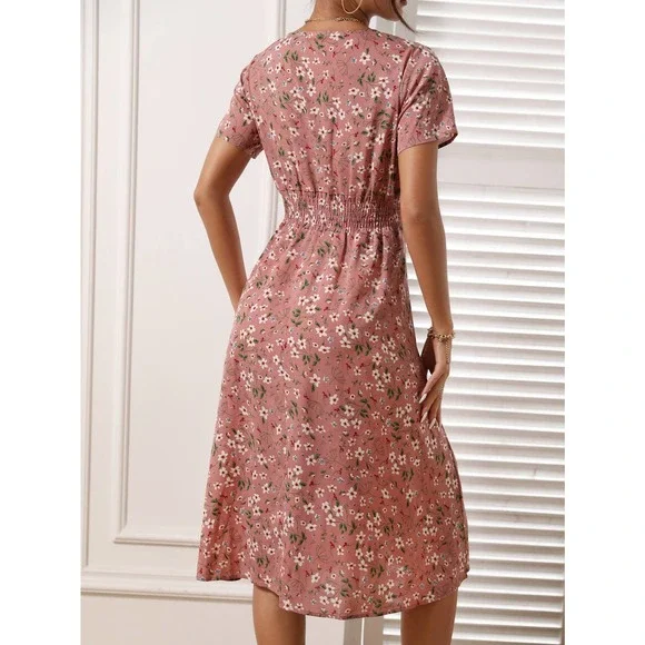 boho yellow Floral Shirred Wrap midi Dress - Picture 3 of 10